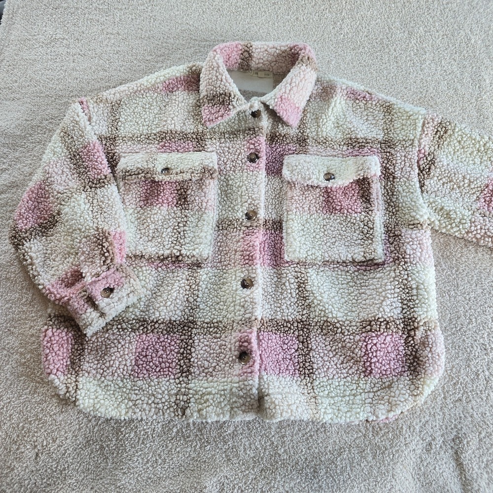 Shop Stevie Pink Plaid Deep Pile Sherpa Shacket Jacket Oversized Sz S